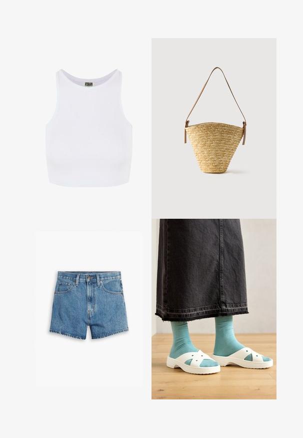 Weißes, geripptes, kurzes Tanktop mit breiten Trägern und einem runden Ausschnitt. Hat eine weiche Textur und ein minimalistisches Design ohne Muster.; Hellblaue Denim-Shorts mit fünf Taschen, einem Reißverschluss und einem Knopfverschluss. Der Saum ist fransig und das Design bietet eine lässige Passform.; Weiße Sandalen mit Ausstanzdesign, kombiniert mit hellblauen Socken, getragen mit einem schwarzen Denim-Rock mit ausgefranstem Saum. Holzfußboden im Hintergrund.; Geflochtene Strohtasche in Eimerform mit breiter Basis, schmaler Oberseite und verstellbarem braunem Leder-Schulterriemen.