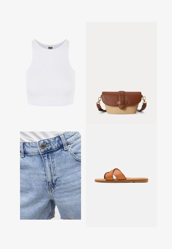 Top corto blanco de canalé con tirantes anchos y escote redondo. Presenta una textura suave y un diseño minimalista sin patrones.; Pantalones cortos de denim azul claro con cintura alta, costuras visibles, dos bolsillos delanteros y cierre de botón de metal. Textura suave.; Sandalia plana de cuero marrón con tiras cruzadas, suela plana, textura suave y características de diseño minimalista para uso casual.; Bolso bandolera de cuero marrón y paja tejida con cierre de solapa y correa ajustable con cierres en tono dorado.