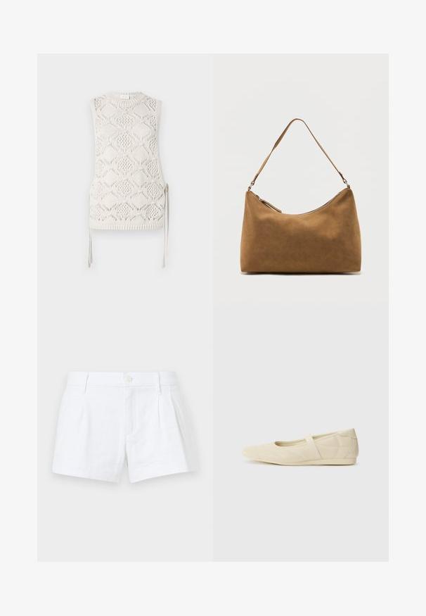Gebreide mouwloze top in off-white met een diamanten patroon, textuur oppervlak en zijstrikjes. Ronde halslijn en geribbelde zoomafwerking.; Witte linnen shorts met plooien, een knoopsluiting en zijzakken. Heeft een tailormade snit en een gladde textuur.; Beige ballerina's met een gladde leren buitenkant, amandelvormige punt en elastische band over de wreef, met subtiele stiksels.; Bruine suède schoudertas met een enkele band en een ritssluiting aan de bovenkant, gepresenteerd tegen een effen witte achtergrond.