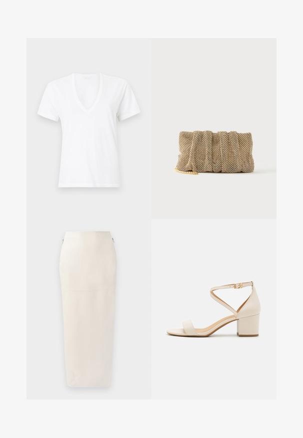 T-shirt blanc à manches courtes avec col en V, présenté sur un fond neutre, en tissu léger et lisse avec une coupe standard.; Jupe midi crème à la silhouette ajustée, confectionnée en tissu lisse, dotée d'une fermeture éclair cachée sur le côté et de détails de couture minimalistes.; Sandales à talon bloc beiges présentant un design minimaliste, bout ouvert et une sangle de cheville ajustable avec une boucle dorée. Texture lisse.; Petit sac pochette en maille dorée avec un design froncé et une bandoulière chaîne dorée partiellement visible sur un fond blanc uni.