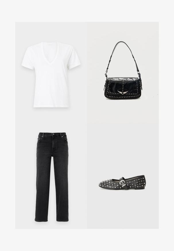 T-shirt blanc à manches courtes avec col en V, présenté sur un fond neutre, en tissu léger et lisse avec une coupe standard.; Jean en denim noir avec une coupe droite. Comprend une fermeture à bouton, un design à cinq poches et des détails de couture minimes. Texture lisse.; Chaussure noire plate ornée de clous en argent, dotée d'une sangle avec boucle. La chaussure a un bout pointu et un petit talon.; Sac à épaule en cuir noir avec des clous argentés et un emblème métallique ailé sur le rabat avant sur fond uni.