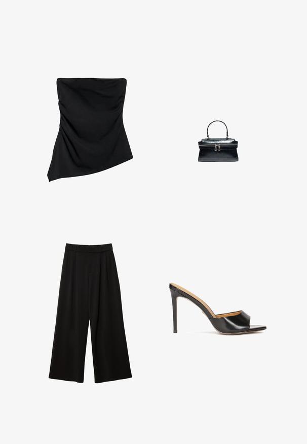 Schwarzes trägerloses Top mit asymmetrischem Saum und dezenten gesammelten Details an den Seiten, entworfen für eine figurbetonte Passform.; Schwarze Hose mit weitem Bein, hohem Bund, Vorderfalten, Gürtelschlaufen und lockerem Schnitt.; Schwarze offene Absatzmules mit glänzendem Lederfinish, konischem Blockabsatz und einem sanft geformten Riemen über dem Spann.; Schwarze Lederhandtasche mit einem oberen Griff, Krokodilstruktur und einem doppelten Reißverschluss in der Mitte.