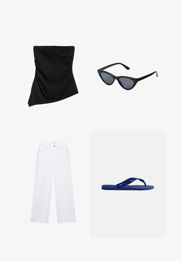 Zwarte strapless top met asymmetrische zoom en subtiele geplooide details aan de zijkanten, ontworpen voor een aansluitende look.; Witte jeans met hoge taille en wijde pijpen, voorzien van knoop- en ritssluiting, voor- en achterzakken, en zilverkleurige klinknageldetails.; Enkele blauwe teenslipper met gestructureerde zool en Y-vormige band, zijaanzicht op een effen witte achtergrond.; Zwarte cat-eye zonnebril met donkergrijze lenzen, slank plastic frame, puntige hoeken en rechte pootjes. Geen zichtbare hardware of accenten.