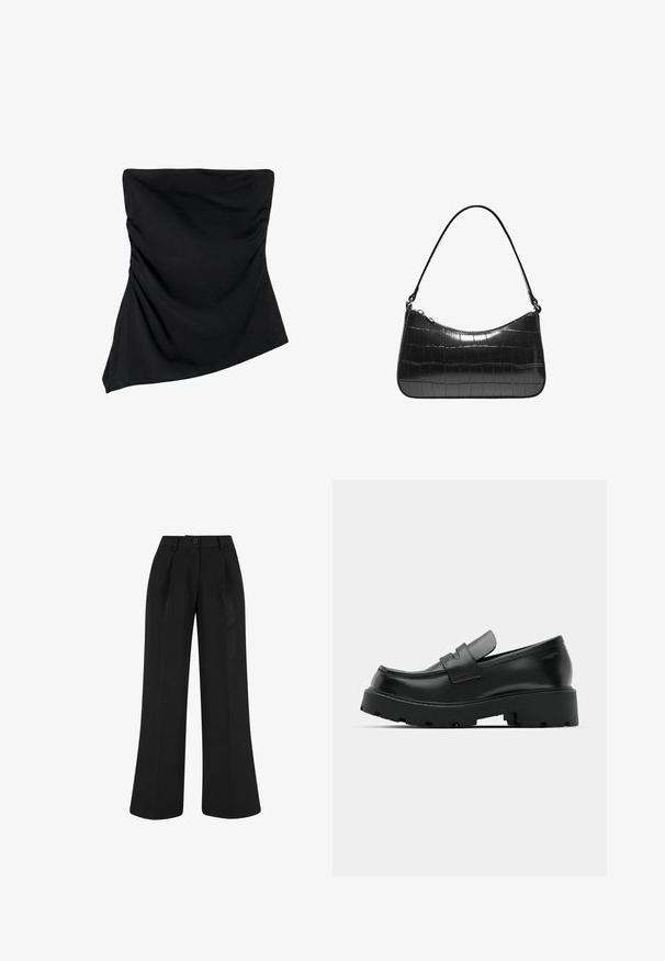 Schwarzes trägerloses Top mit asymmetrischem Saum und dezenten gesammelten Details an den Seiten, entworfen für eine figurbetonte Passform.; Schwarze, hoch taillierte, weit geschnittene Hose mit vorderen Falten, Gürtelschlaufen und Knopfverschluss am Bund.; Schwarze Leder-Loafers mit einer chunky strukturierten Sohle, ausgestattet mit einem Riemen über dem Spann und einer glatten, polierten Oberfläche.; Schwarze Handtasche aus synthetischem Leder mit geschwungener Silhouette, Krokodilmuster und einem einzelnen Schulterriemen. Reißverschluss oben.