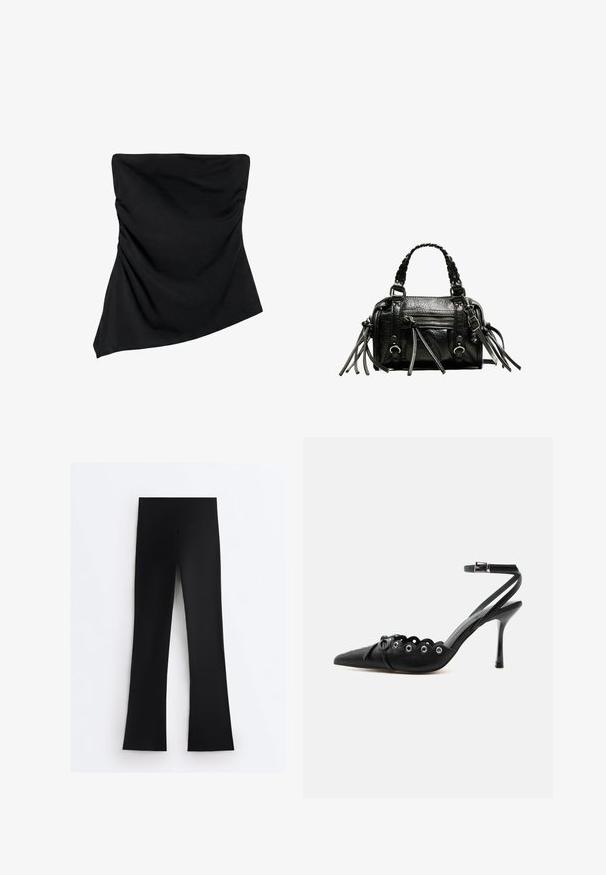 Schwarzes trägerloses Top mit asymmetrischem Saum und dezenten gesammelten Details an den Seiten, entworfen für eine figurbetonte Passform.; Schwarze Leggings mit hoher Taille und breitem Bund, geradem Beinanschnitt, flach auf weißem Hintergrund dargestellt.; Schwarzer, spitzer High-Heel-Schuh mit geschwungenen Kanten, Metallösen, Schnürung vorne und Knöchelriemen mit Schnallverschluss.; Schwarze Lederhandtasche mit geflochtenen Tragegriffen, texturiertem Oberflächen, einem Reißverschluss-Frontfach und dekorativen Fransenakzenten. Kompakte und strukturierte Form.