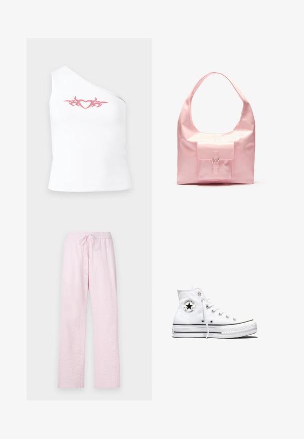 Top blanco asimétrico sin mangas que presenta un diseño de corazón tribal en rosa a través del pecho; hecho de una suave tela de algodón elástico.; Pantalones de pijama color rosa claro en una tela texturizada con un corte holgado, que cuentan con una cintura elástica y un cordón para ajustes.; Zapatilla blanca de caña alta Converse Chuck Taylor All Star con parche de logo negro y cordones blancos, presentada sobre fondo blanco.; Bolso de mano rosa con un acabado brillante, gran correa para el hombro, bolsillo delantero con un detalle decorativo de hebilla. Textura suave, diseño minimalista.