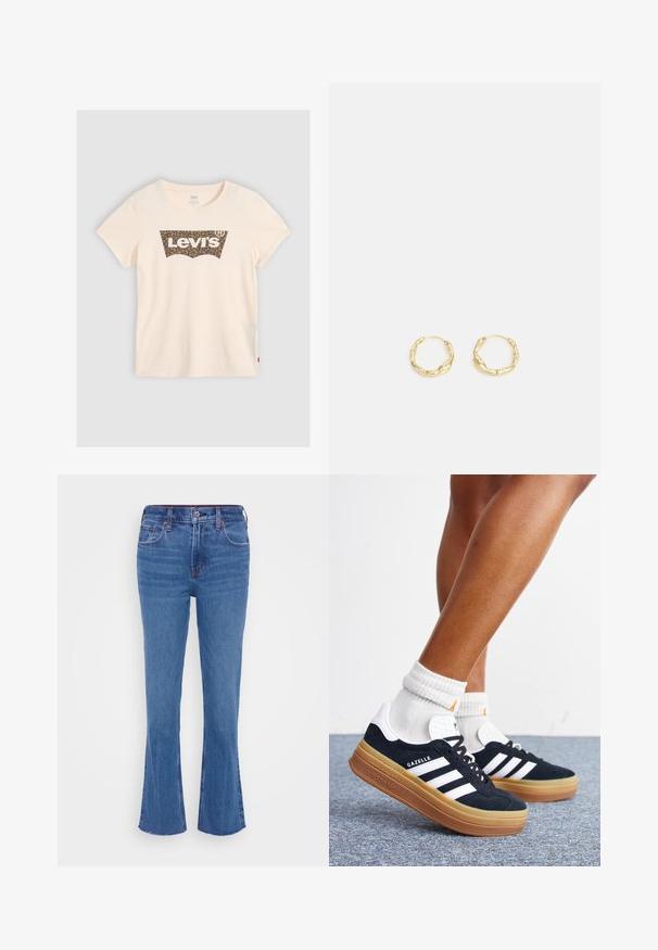 Roomkleurige katoenen t-shirt met korte mouwen, voorzien van een luipaardprint Levi's logo op de voorkant. De stof lijkt glad en zacht.; Blauwe spijkerbroek met een flared model en een middellange taille, voorkzakken, subtiele vervaging en een rafelige zoom. De stof heeft een gladde, stevige textuur.; Ben met witte sokken en zwarte Adidas Gazelle sneakers met witte strepen en dikke bruine zolen op een grijs tapijt.; Gouden creolen met een gestructureerd, onregelmatig oppervlak. Beschikt over een lichtgewicht ontwerp en een ronde vorm, geschikt voor dagelijks gebruik.