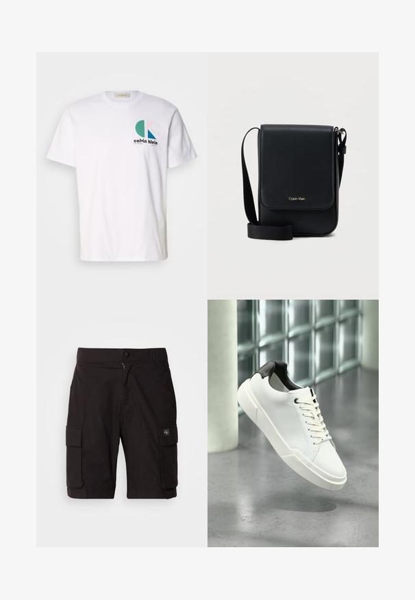 T-shirt en coton blanc avec un design graphique multicolore comportant des formes circulaires et le logo "Calvin Klein" à l'avant. Manches courtes, col rond.; Bermudas cargo noires en tissu léger. Dotées d'une fermeture à bouton et à zip, de deux poches cargo sur les côtés et de détails cousus.; Baskets basses blanches avec languette de talon noire texturée, lacets blancs et semelle épaisse sur un sol en béton poli près de blocs de verre.; Sacoche Calvin Klein noire avec rabat, bandoulière ajustable et petit logo doré à l'avant, sur fond blanc uni.