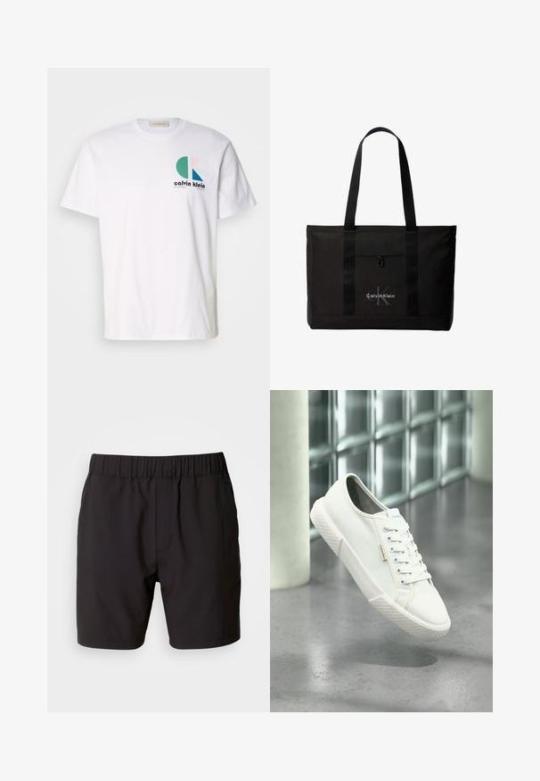 Hvid bomulds-t-shirt med et multicolor grafisk design med cirkulære former og "Calvin Klein" logo på forsiden. Korte ærmer, rund hals.; Sorte shorts lavet af strækbart stof, med en elastisk talje, sidelommer og et simpelt, rent design. Ingen mønstre eller detaljer.; Hvid Calvin Klein lavsko med snørebånd, svævende over en grå poleret gulv- og glassblokvæg baggrund.; Sort Calvin Klein tote taske med to lange håndtag og lomme foran, med mærkets logo i hvid og grå.