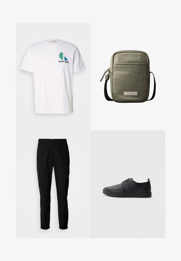 Hvid bomulds-t-shirt med et multicolor grafisk design med cirkulære former og "Calvin Klein" logo på forsiden. Korte ærmer, rund hals.; Sorte cargo bukser lavet af stof, med elastisk talje, knaplukning og flere sidelommer med klapper.; Sorte lædersneakers med en glat finish, rund tå, tonalt syning, snøring foran og en flad gummisål. Løkke ved hælen.; Kompakt korsbodytaske i olivengrøn med forlomme, sort justerbar rem, lynlåslukning og Calvin Klein logo-plakette.
