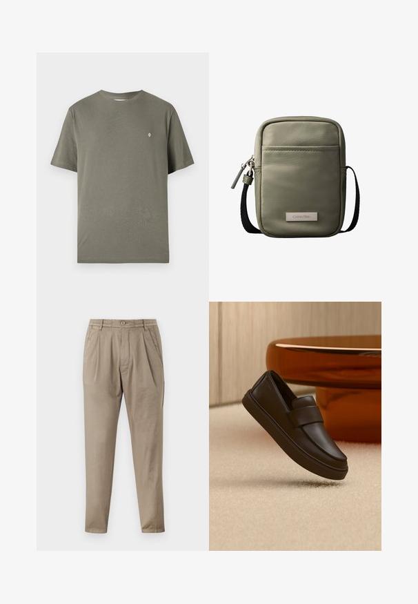 Camiseta de algodón verde oliva con cuello redondo, mangas cortas y un pequeño logo blanco en el pecho. Diseño simple y sin adornos.; Pantalones beige de tejido suave, con un ajuste relajado, frente con pliegues, cinturilla elástica y perneras estrechas.; Un único zapato mocasín de cuero marrón oscuro flotando sobre una alfombra color crema con una mesa naranja redondeada al fondo.; Bolso bandolera compacto verde oliva con bolsillo frontal, correa negra ajustable, cierre de cremallera y placa con el logo de Calvin Klein.
