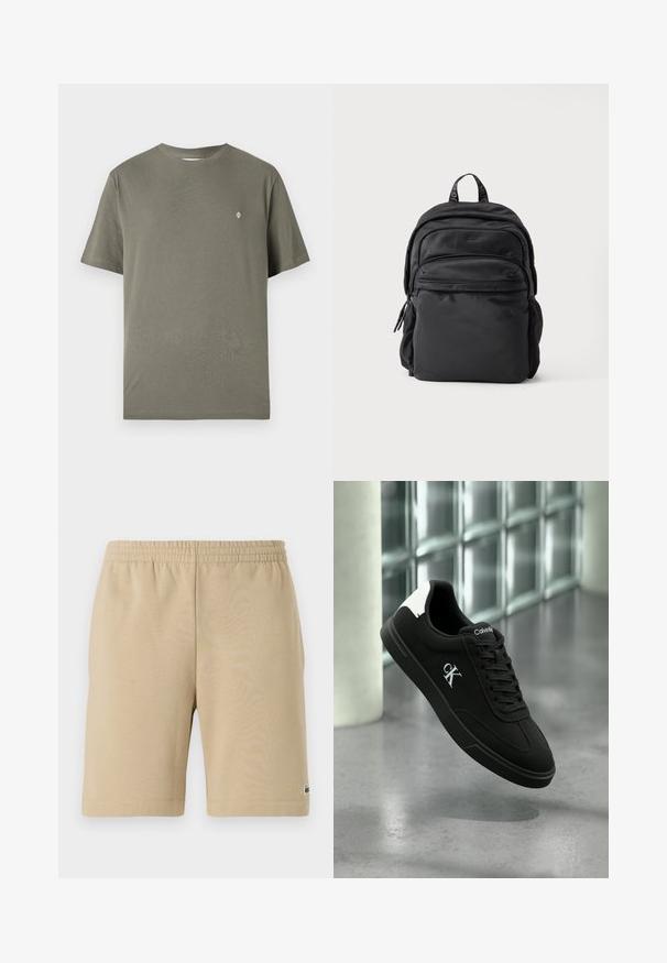 Olivgrünes Baumwoll-T-Shirt mit Rundhalsausschnitt, kurzen Ärmeln und einem kleinen weißen Logo auf der Brust. Einfaches, ungeschmücktes Design.; Beige Baumwollshorts mit einem elastischen Bund, knielangem Design und einem kleinen Logodetail auf der linken Seite. Glatte Textur und einfacher Schnitt.; Schwarzer Calvin Klein Sneaker mit weißem Fersenlasche und CK-Logo an der Seite, schwebend über poliertem Betonboden vor einer Wand aus Glasbausteinen.; Schwarzer Nylon-Rucksack mit mehreren Reißverschlussfächern und einem gebrandeten oberen Griff vor weißem Hintergrund.