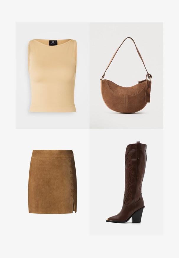 Beige, riflet ærmeløs crop top med rund halsudskæring og en tætsiddende silhuet. Materialet ser glat og strækbart ud. Etiket synlig ved halsudskæringen.; Brun ruskind mini-nederdel med lige snit, der har en snøredetalje på venstre side og en lille slids i kanten.; RAID RIMSKY - Højhælede støvler - brown; Brun ruskinds håndtaske med en buet, halvmåneformet silhuet. Har en skulderrem, et lille mærke og synlige sømme langs kanterne.