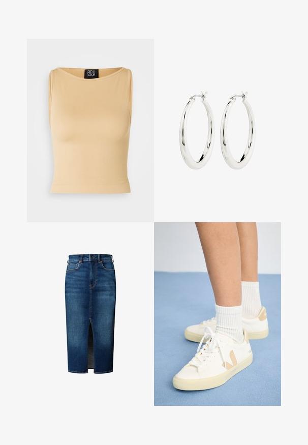 Bežový, ribovaný bezrukávový crop top s okrúhlym výstrihom a priliehavým strihom. Materiál sa zdá byť hladký a pružný. Štítok je viditeľný na výstrihu.; Tmavomodrá denimová midi sukňa s predným rozparkom, zapínaním na gombíky, pútkami na opasok a prednými vreckami.; Biele tenisky s hnedými akcentmi, okrúhla špička a biele šnúrky. Nosia sa s rebrovanými bielymi ponožkami, na svetlomodrom pozadí.; Strieborné kruhové náušnice s hladkým, lesklým povrchom. Obľúbený tvar, vybavené bezpečným zapínaním. Jednoduchý a elegantný dizajn.