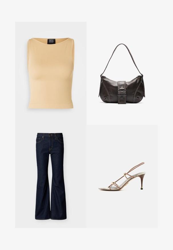 Crop top beige à côtes sans manches avec un col rond et une silhouette ajustée. Le matériau semble lisse et extensible. Étiquette visible au niveau du col.; Jean en denim bleu foncé avec jambes évasées, fermeture avant par bouton et zip, et design à cinq poches avec surpiqûres contrastantes.; Sandale à talon haut motif peau de serpent beige et marron avec fines lanières et perles dorées, talon en bois fin avec embout doré.; Sac à épaule en cuir marron avec une forme courbée, présentant un détail de boucle proéminent, des coutures contrastantes et une seule bandoulière.