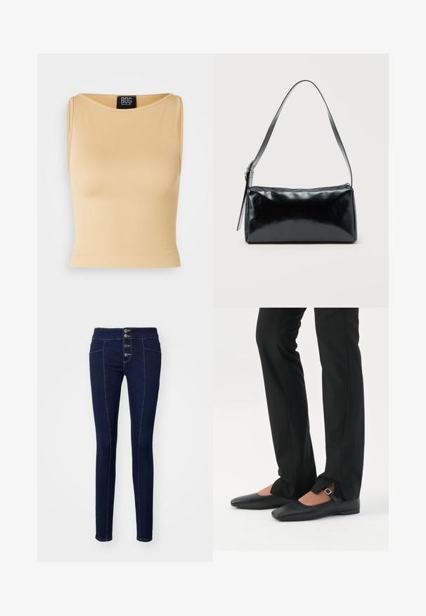 Μπεζ, ριγέ αμάνικο crop top με στρογγυλή λαιμόκοψη και εφαρμοστή σιλουέτα. Το υλικό φαίνεται λείο και ελαστικό. Η ετικέτα είναι ορατή στη λαιμόκοψη.; Σκούρα μπλε skinny τζιν από τζιν με ψηλή μέση, κλείσιμο με πέντε κουμπιά, αντίθετο ραφές και εμπρόσθιες τσέπες.; Πόδια με μαύρο στενό παντελόνι που έχει μπροστινές χαραγές στο τελείωμα, σε συνδυασμό με μαύρα επίπεδα παπούτσια Mary Jane με μικρό λουράκι και αγκράφα.; Μαύρη ορθογώνια τσάντα ώμου με έναν ρυθμιζόμενο ιμάντα και κλείσιμο με φερμουάρ στην κορυφή σε μονόχρωμο φόντο.