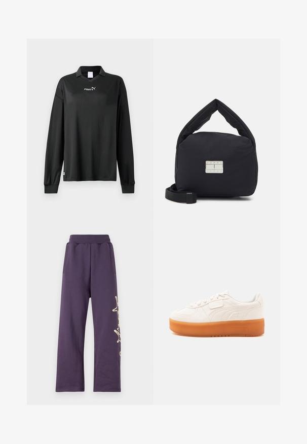 Zwarte lange mouwen polo shirt met kraag, ribgebreide manchetten en witte "FENTY" en Puma logo op de borst.; Paarse joggingbroek met een elastische tailleband, zijzakken en een gouden grafisch ontwerp op het linkerpoot. Zacht materiaal met een losse pasvorm.; Witte lage sneaker met veters en klittenbandsluiting, voorzien van een dikke lichtbruine zool en subtiele zijstiksels.; Tommy Jeans CROSSOVER - Schoudertas - black
