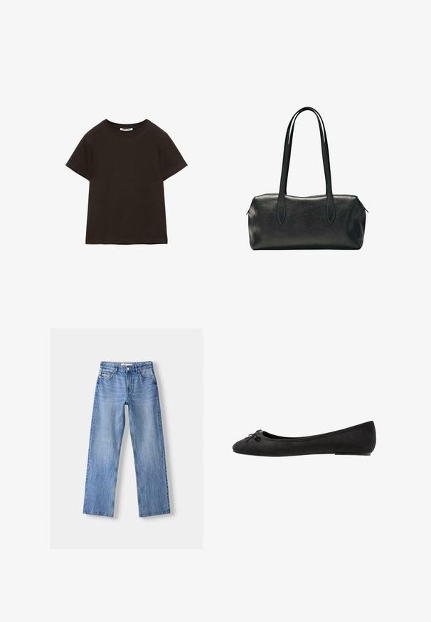 Effen zwarte T-shirt met korte mouwen en ronde hals, plat neergelegd met zichtbaar label in de kraag.; Lichtblauwe denim jeans met een rechte pasvorm, voorzien van vijf zakken, een knoopsluiting aan de voorkant en subtiele vervaging voor textuur.; Zwarte suède ballerina's met een ronde neus, voorzien van een decoratieve strik aan de voorkant en een platte zool. Glad textuur en klassieke vorm.; Zwarte rechthoekige leren handtas met twee lange schouderbanden en een ritssluiting aan de bovenzijde.