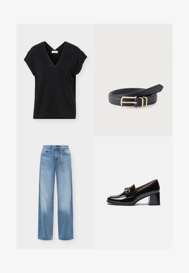 Schwarzes kurzärmeliges Oberteil mit V-Ausschnitt und gekreuzten Rückenträgern, aus weichem Stoff, vor hellem einfarbigem Hintergrund präsentiert.; Hellblaue Jeans mit weitem Bein, mit Knopf und Reißverschluss vorne, Vordertaschen und einer dekorativen Perlenkette, die an einer Gürtelschlaufe hängt.; Schwarze Lacklederschuhe mit Absatz, runder Zehenpartie, kräftigerem Absatz und einem goldfarbenen Hardware-Akzent auf dem vorderen Riemen.; Schwarzer Ledergürtel mit einer goldenen rechteckigen Schnalle und zwei passenden goldenen Gürtelschlaufen, auf einem hellen Hintergrund gedreht.