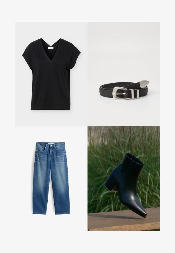 Zwart kort mouwtopje met V-hals en gekruiste bandjes aan de achterkant, gemaakt van zachte stof, tentoongesteld tegen een effen lichte achtergrond.; Blauwe denim spijkerbroek met een recht gesneden ontwerp, vijf zakken en lichte vervaging op de dijen. Beschikt over een knoopsluiting en riemlussen.; Zwarte leren enkellaars met puntige neus en blokhak rustend op houten oppervlak, hoge groene gras op de achtergrond.; Zwarte leren riem met een zilveren metalen gesp en dubbele lusaccenten, met een textuurafwerking en een taps toelopend einde voor een veilige pasvorm.