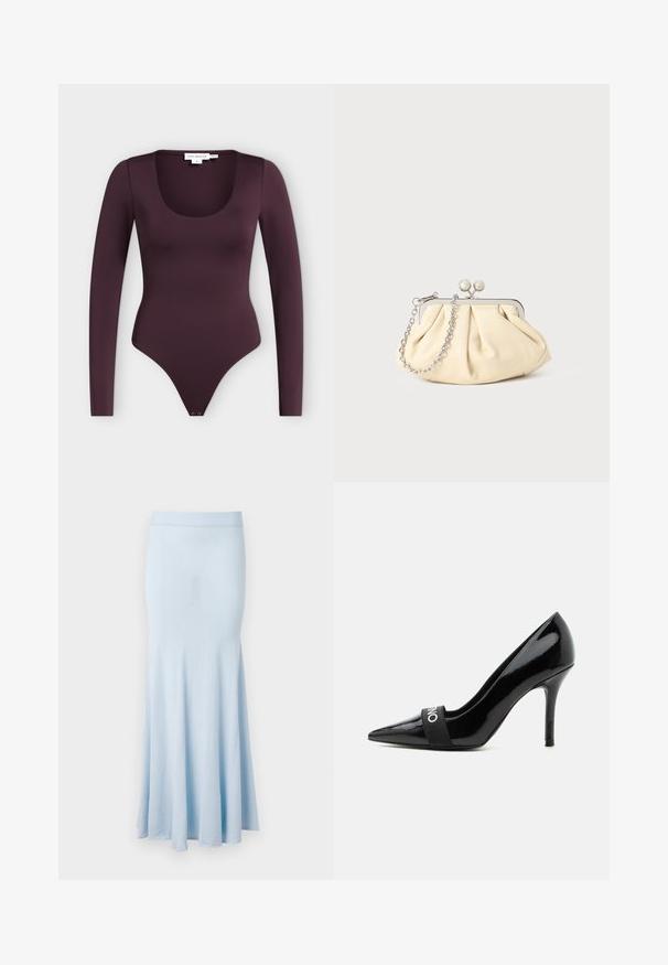 Pitkähihaiset, syvän violetit bodysuit, jossa pyöreä pääntie ja neppariklipsut haaroissa, esitettynä tasaisesti vaalealla taustalla.; Vaaleansininen neulottu hame, jossa on levenevä helma, keskipitkä malli ja ribbausvyötärö. Sujuva pinta, ei näkyviä kuvioita tai yksityiskohtia.; Musta kiiltävä nahkainen teräväkärkinen korkokenkä, jossa kapea korko ja joustava nauha edessä, jossa valkoinen teksti.; Beige nahkaista kassi, jossa on laskostus ja hopeinen metallirunko, kaksi pyöreää koristeellista solkea sekä hopeaketjuolkayh.