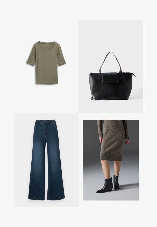 Klassisk olivengrøn kortærmet skjorte med rund hals, præsenteret på en hvid baggrund.; Mørkeblå høj talje brede ben denim jeans med forlommer og bæltestropper på en hvid baggrund.; Sorte læder ankelstøvler med spidse tæer, en kraftig hæl og zigzag-stikningsdetaljer, parret med en ribbet, brun strik kjole.; Sort lædertaske med to håndtag, en aftagelig rem, magnetisk flaplukning og en glat overflade. Lynlåslukning øverst og dekorative syninger.