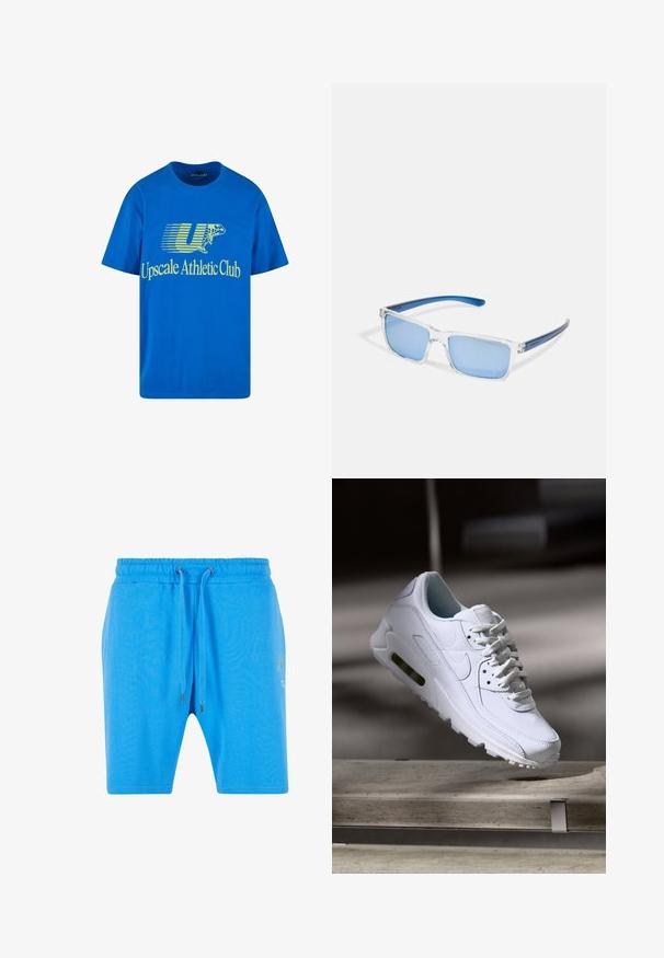 Camiseta de algodón azul con un diseño gráfico que incluye un texto amarillo que dice "Upscale Athletic Club" y un logotipo estilizado de la letra "U".; Pantalones cortos de algodón azul con una cinturilla elástica, cierre de cordón y un sutil detalle gráfico en el lado. Textura suave y corte holgado.; Zapatilla blanca de piel con superficies texturizadas, cuello acolchado y amortiguación de aire visible en la suela. Presenta cordones y un diseño minimalista.; Arnette MWAMBA - Gafas de sol - transparent