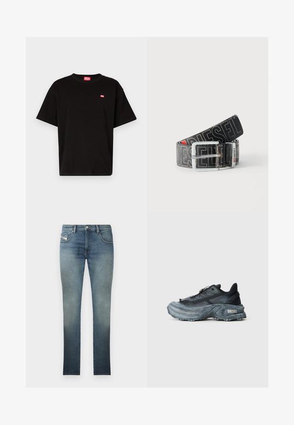 T-shirt en coton noir avec un col rond, des manches courtes et un petit logo Diesel rouge sur la poitrine. Ourlet droit, design minimaliste.; Jean slim en délavé bleu, avec une conception à cinq poches, fermeture à bouton en métal et coutures contrastées. Texture légèrement usée.; Baskets Diesel noires et grises avec semelle épaisse, système de laçage à bascule et design texturé sur fond gris clair uni.; Ceinture noire Diesel avec grand texte logo blanc, boucle rectangulaire en argent, et détail de boucle métallique brandée, enroulée sur un fond clair.