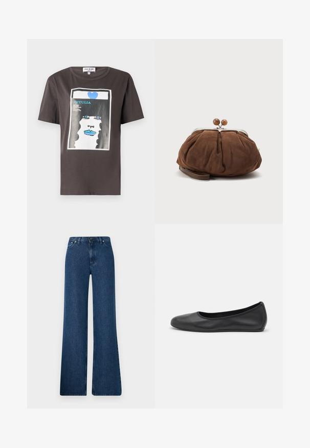 Grafisk t-shirt i mørkegrå bomuld med et farverigt print af en kvindes ansigt med blå læber og et blåt hjerte, rund halsudskæring og korte ærmer.; Blå denim flared jeans med høj talje, fem-lomme design og metalknaplukning. Glat tekstur, afslappet stil og minimal syning.; Sort læderballetsko med rund tå, glat tekstur, minimal syning og et fleksibelt såldesign.; Blød brun ruskindshåndtaske med sølvmetal ramme og runde brune låsekugler på en ensfarvet lys baggrund.