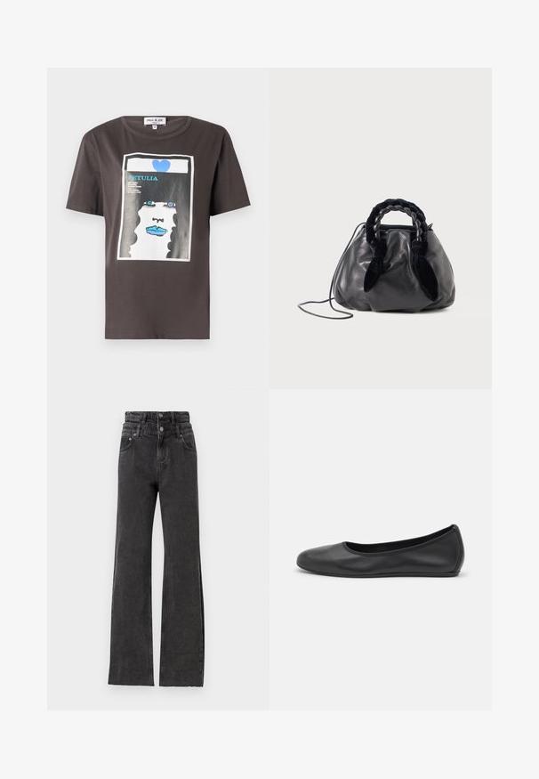 Grafisches T-Shirt aus dunkelgrauer Baumwolle mit einem bunten Druck eines FrauenGesichts, das blaue Lippen und ein blaues Herz zeigt. Rundhalsausschnitt und kurze Ärmel.; Schwarze hochwaisted Jeans zeichnen sich durch ein gerade geschnittenes Design, dezente Abriebdetails und metallene Knopfhardware an der Taille aus.; Schwarze Leder-Ballettschuhe mit abgerundeter Spitze, glatter Textur, minimalen Nähdetails und einem flexiblen Sohlen-Design.; Schwarze Lederhandtasche mit geflochtenem Samtgriff und dünnem Schulterband, vor einem schlichten hellen Hintergrund.