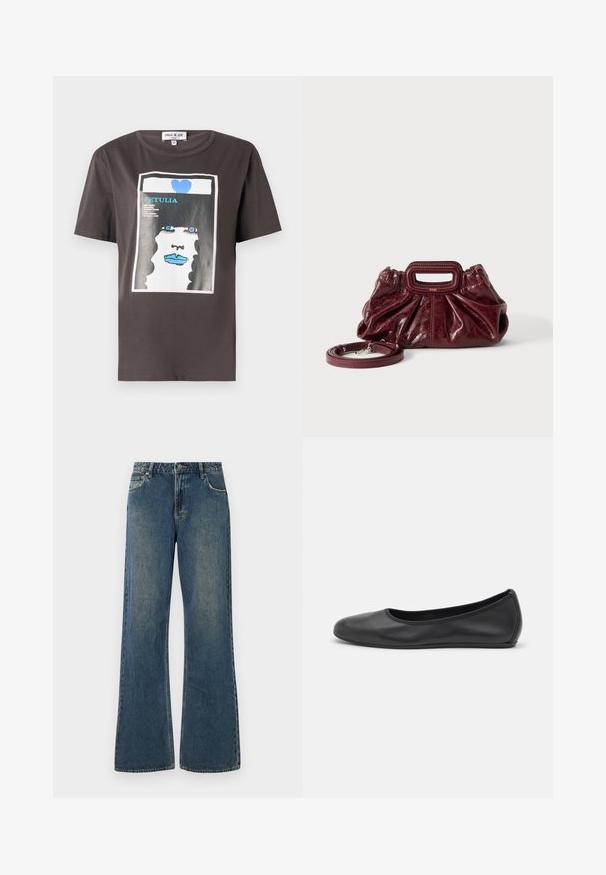 Grafisk t-shirt i mørkegrå bomuld med et farverigt print af en kvindes ansigt med blå læber og et blåt hjerte, rund halsudskæring og korte ærmer.; Bredde ben denim jeans i mellemblå med en falmet finish. Har fem lommer, bæltestropper og en metalknaplukning. Så lavet af bomuldsstof.; Sort læderballetsko med rund tå, glat tekstur, minimal syning og et fleksibelt såldesign.; Lille mørkerød læderhåndtaske med opsamlet struktur, rektangulært håndudskåret håndtag og aftagelig skulderrem på hvid baggrund.