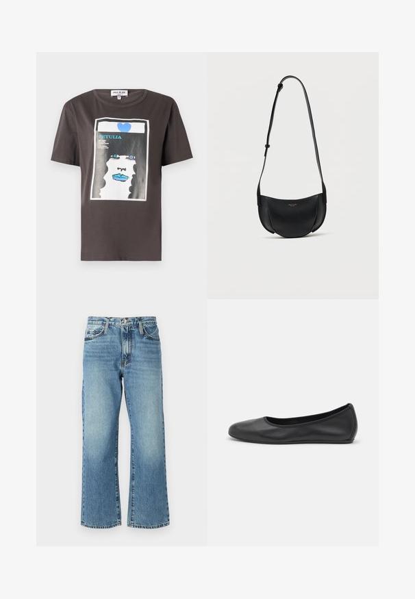 T-shirt graphique en coton gris foncé présentant une impression colorée d'un visage de femme avec des lèvres bleues et un cœur bleu, col rond et manches courtes.; Jeans en denim bleu clair avec une coupe large, cinq poches et une fermeture à bouton. Le tissu présente un léger délavage et une texture classique.; Ballerines en cuir noir avec un bout rond, texture lisse, détails de couture minimalistes et design de semelle flexible.; Sac bandoulière en cuir noir en forme de croissant avec bandoulière réglable et petit logo doré au centre avant.