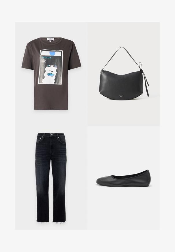 Grafisches T-Shirt aus dunkelgrauer Baumwolle mit einem bunten Druck eines FrauenGesichts, das blaue Lippen und ein blaues Herz zeigt. Rundhalsausschnitt und kurze Ärmel.; Hochgeschnittene, gerade Jeans aus dunkel gewaschenem Denim mit fransigem Saum und klassischem Fünf-Taschen-Design mit silbernen Hardware-Elementen.; Schwarze Leder-Ballettschuhe mit abgerundeter Spitze, glatter Textur, minimalen Nähdetails und einem flexiblen Sohlen-Design.; Schwarze Leder-Umhängetasche mit geschwungener Form, mit Reißverschluss und einem geknoteten Trageriemen. Auf der Vorderseite befindet sich ein dezentes Logo. Glatte Textur.