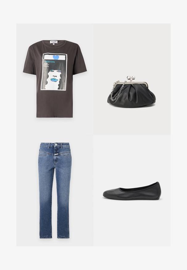 Graphic T-shirt in donkergrijs katoen met een kleurrijke print van een vrouwen gezicht met blauwe lippen en een blauw hart, ronde halslijn en korte mouwen.; Denim jeans in een middelblauwe wassing, met rechte pijpen, voorzien van een middelhoge tailleband, vijf zakken en subtiele stikdetails.; Zwarte leren ballerina met een ronde neus, gladde textuur, minimale stikdetails en een flexibele zoolontwerp.; Zwarte leren clutch met geplooide textuur, zilverkleurig metalen frame, drukknopsluiting en kettingriem. Glad, zacht oppervlak.