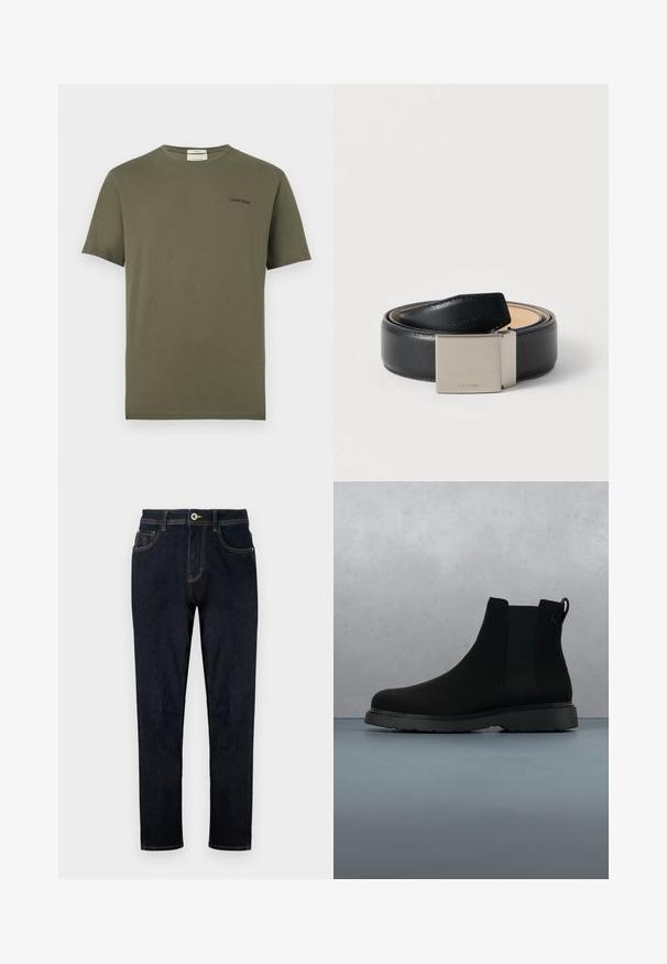 Olivgrünes T-Shirt mit kurzen Ärmeln und Rundhalsausschnitt, mit kleinem schwarzem Calvin Klein Logo auf der linken Brustseite.; TOM TAILOR TTJOSH REGULAR SLIM FIT - Jeans Straight Leg - rinsed blue denim; Schwarze Knöchelstiefel aus glattem Material mit subtilen Nähten, einer Gummisohle und einem eleganten Design, platziert auf einer Oberfläche mit Holzstruktur.; Schwarzer Ledergürtel mit strukturierter Oberfläche und einer silbernen Metallschnalle. Die Schnalle besticht durch ein minimalistisches Design mit eingraviertem Logo.