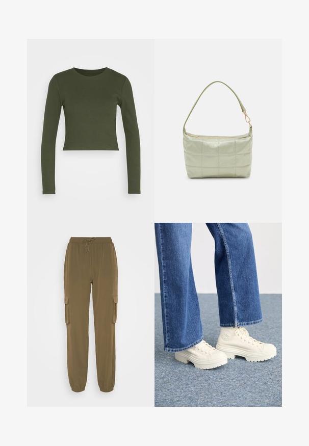 GAP ULTRA CROP RIB TEE - Longsleeve - khaki; Noisy May NMKIRBY PANTS - Cargobroek - kalamata; Witte hoge sneakers met dikke, geribbelde zolen en ronde logo-detail, gedragen met lichtblauwe, wijde denim jeans.; Gewatteerde groene schoudertas met een zachte textuur, rechthoekige vorm, enkele schouderriem en een ritsluiting in goudkleur. Voorzien van een gewatteerd patroon.