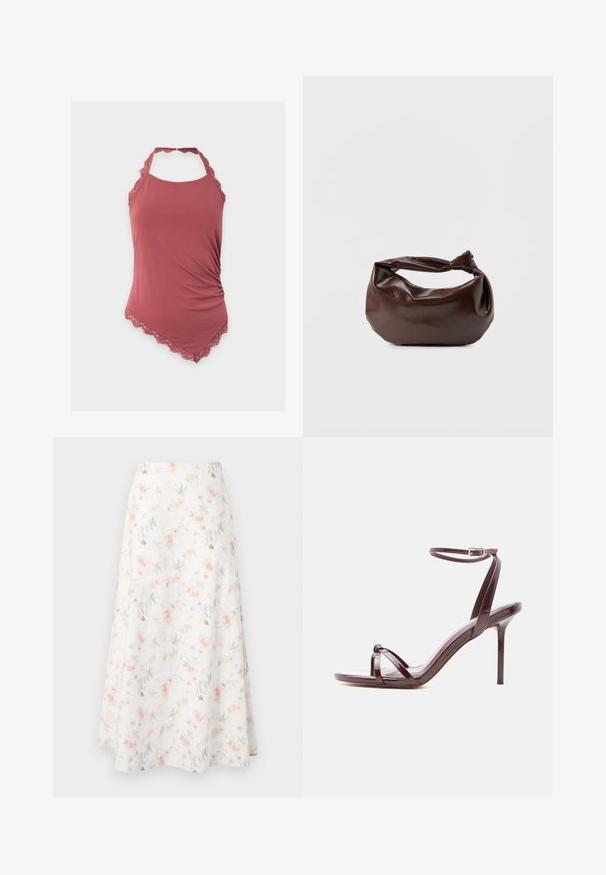 Top rose sans manches à col halter, orné de dentelle, côté froncé et ourlet asymétrique, présenté sur un fond blanc uni.; Jupe midi fleuri en tissu blanc, avec un motif aquarelle de fleurs roses et grises, design évasé et texture lisse.; Sandale à talon haut en cuir verni bordeaux avec fine bride à la cheville et brides croisées sur les orteils sur fond blanc.; Sac bandoulière en cuir marron foncé avec une forme souple et décontractée et une anse nouée torsadée sur un fond blanc uni.