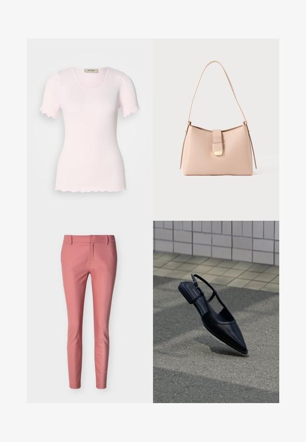 T-shirt côtelé rose clair avec un décolleté en forme de recette et des manches courtes aux bords festonnés. Fabriqué en tissu extensible pour le confort.; Pantalon slim longueur cheville en rose doux avec passants pour ceinture et une fermeture avant cachée.; Chaussure plate noire à bout pointu avec bride arrière, flottant au-dessus d'une surface en bitume à côté d'un trottoir carrelé.; Sac à main rose clair avec une forme incurvée, fabriqué en matériau texturé. Doté d'une sangle plate et d'un détail de fermeture à rabat dorée sur le devant.