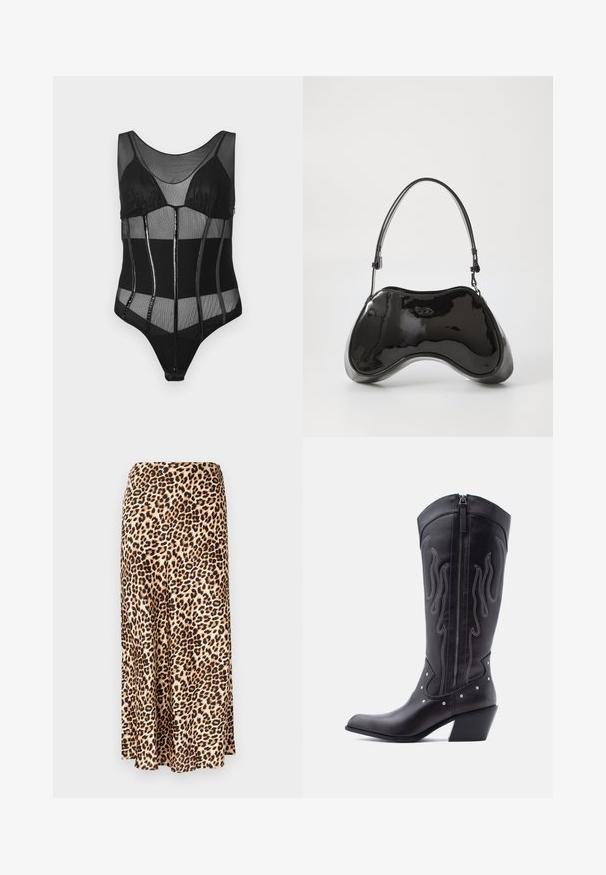Sort bodysuit med mesh-stof, strukturerede kopper, lodrette paneler med glansfulde accenter og en scoop halsudskæring.; Løleopardprint lang nederdel lavet af glat stof. Tan base med sorte og brune pletter. Udsvingende design med en lige kant.; Sorte cowboystøvler i læder med spids tå, synlige sømme, sølvfarvede nitte-detaljer og lynlås på den indvendige side.; Sort patentlæder håndtaske med en unik buet form, kort justerbar hank og en lynlåslukning i toppen. Glat tekstur med diskret branding.
