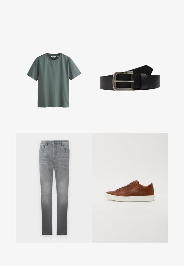 Kortærmet t-shirt med rund hals i afdæmpet grøn farve, ensfarvet design, lagt fladt på en hvid baggrund.; Grå denim jeans med et falmet design, fem-lommer stil, knaplukning og lige ben. Glat tekstur med let slid ved kanterne.; Brun lædersneaker med rund tå, hvid gummisål og rene linjer. Har snørebåndslukning og diskret mærkning på siden.; Sort læderbælte med en rektangulær spænde i sølvmetal. Udstyret med "Levi's" logoet præget på spændet. Glat tekstur, klassisk design.