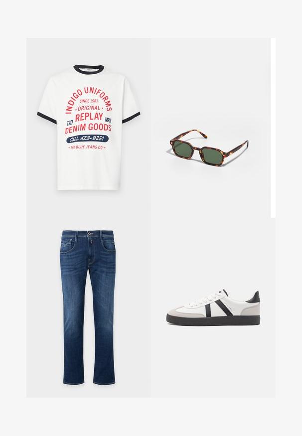 Weißes Baumwoll-T-Shirt mit marineblauem Kragen und Bündchen, mit roten und blauen grafischen Texten, darunter "INDIGO UNIFORMS" und "RUFEN SIE 423-9251 AN."; Dunkelblaue Straight-Leg-Jeans mit vorderem Knopf, Reißverschluss und Fünf-Taschen-Design.; Weiße Sneaker mit schwarz- und grau-aczenten, ausgestattet mit einer strukturierten grauen Zehenkappe, schwarzer Gummi-Sohle und flachen weißen Schnürsenkeln. Sauberes Design, minimalistische Stil.; Schildpatt-Sonnenbrille mit grünen Gläsern, in einer achteckigen Form und schlanken, gebogenen Bügeln. Das Material hat eine glänzende Oberfläche.