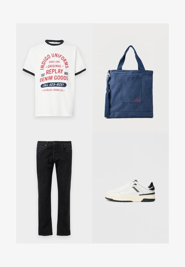 Hvid bomuld T-shirt med marineblå krave og ærmekanter, med rød og blå grafisk tekst, herunder "INDIGO UNIFORMS" og "RING 423-9251."; Sorte denim jeans med et lige ben-design, der har fem lommer, diskret slidmærker og orange syninger som detaljer.; Hvid lavtsiddende sneaker med sorte accenter, cremefarvet sål, snørebånd og "Jeans Pepe" tekst på sidepanelet.; Blå lærredstote taske med frontlomme og rød "O.N.S" broderi, med to håndtag og en justerbar skulderrem.