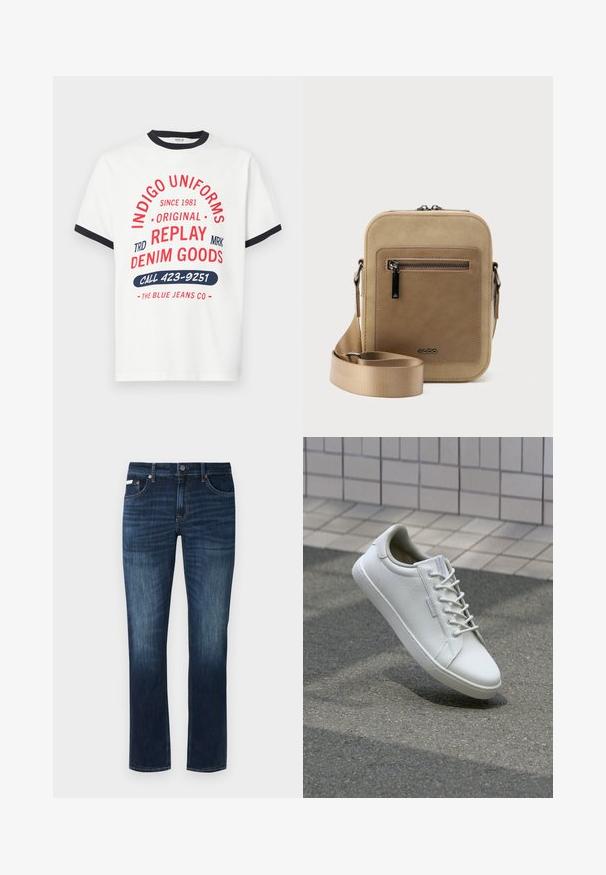 Wit katoenen T-shirt met navy kraag en boorden, voorzien van rode en blauwe grafische tekst, waaronder "INDIGO UNIFORMS" en "BEL 423-9251."; Donkerblauwe denim jeans met een rechte pasvorm, voorzien van een klassiek vijf-pocketontwerp, koperen details en subtiele vervagingselementen.; Witte sneaker van gestructureerd leer, met een vetersluiting, stevige rubberen zool en een minimalistisch ontwerp met een versterkte neus.; Kleine beige crossbodytas met een voorvak met ritssluiting, metalen ALDO-logo, verstelbare brede band en afgeronde rechthoekige vorm op een witte achtergrond.