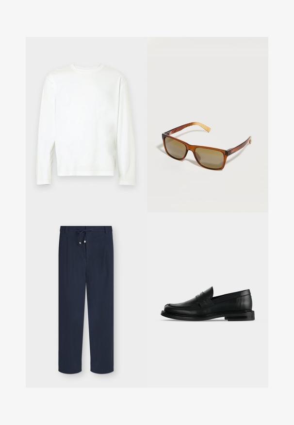 T-shirt blanc à manches longues en coton doux, avec un col rond, des fentes latérales et une coupe décontractée. Texture lisse, sans motifs ni accents.; Pantalon bleu marine à jambes droites avec taille à cordon et tissu texturé, posé à plat sur un fond clair.; Mocassin penny pour homme en cuir noir avec talon bas empilé et bout arrondi, vu de profil sur fond gris clair.; Lunettes de soleil rectangulaires marron avec verres dégradés et branches texturées à motif bois sur fond blanc.
