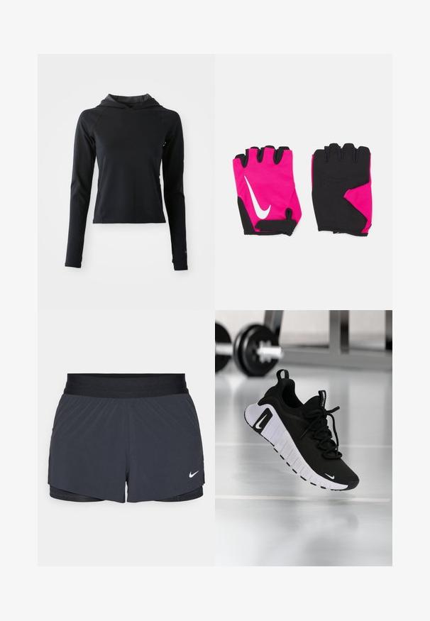 Haut à capuche noir à manches longues, fabriqué en tissu lisse et extensible. Présente des manches raglan et un design ajusté, avec des détails de logo subtils.; Shorts de sport noirs avec une taille élastique, dotés d'un design superposé et d'un petit logo Nike blanc en bas à gauche. Matière légère.; Chaussure de sport noire avec une tige en tissu texturé, une semelle blanche et un système de laçage prononcé. Présente un logo Nike et un design doux et rembourré.; Gants courts roses avec des accents noirs, arborant un logo Nike blanc, des paumes rembourrées et un design sans doigts pour une meilleure adhérence et flexibilité.