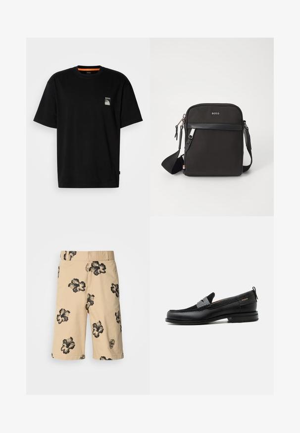 T-shirt en coton noir à manches courtes, col rond, avec un petit graphique et logo blanc et gris sur la poitrine gauche. Étiquette orange à l'intérieur.; Shorts beiges avec un motif floral hibiscus noir. Dotés d'une taille élastique et d'un détail de logo sur le côté inférieur. Fabriqués en tissu léger.; Mocassin en cuir noir avec détail de bride grise, talon bas et semelle texturée, marqué "HUGO" en or sur le côté.; Sac bandoulière noir en tissu texturé, avec un logo sur le devant, fermeture éclair et une bandoulière réglable. Finitions en cuir lisse.