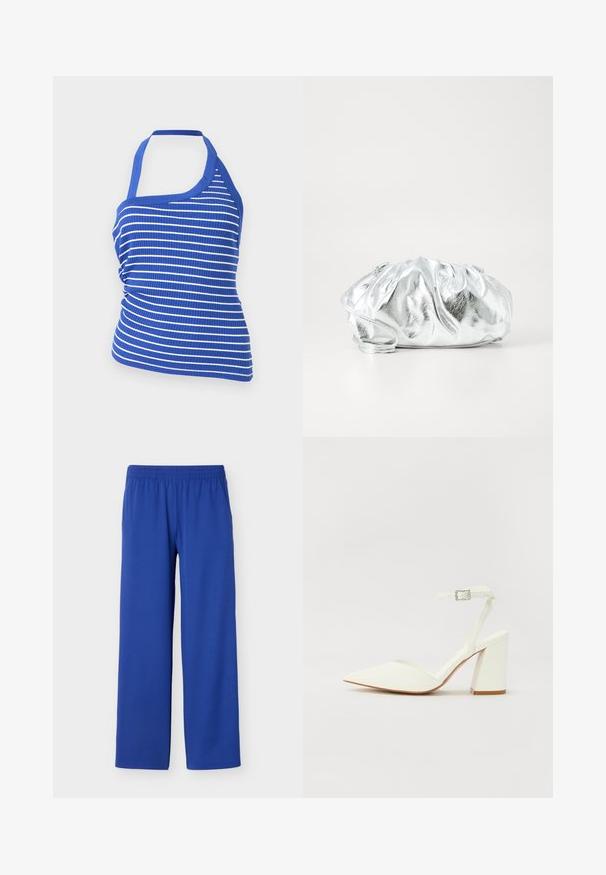 Μπλούζα crop top σε οριζόντιες ρίγες μπλε και λευκού με ριμπ ύφανση, halter λαιμόκοψη και ρυθμιζόμενες πλευρές με ρέλια.; Μπλε παντελόνια με ίσια γραμμή και ελαστική μέση, κατασκευασμένα από λείο ύφασμα, απεικονίζονται σε απλό φωτεινό φόντο.; Λευκή γόβα με ψηλό τακούνι και μυτερή μύτη, ρυθμιζόμενη λουρί στον αστράγαλο και χοντρό τετράγωνο τακούνι. Λείος υφής με ελάχιστες ραφές.; Μεταλλική ασημένια τσάντα χερίου με απαλή, συγκεντρωμένη δομή και λεπτό λουρί ώμου. Διαθέτει λεία, γυαλιστερή υφή και στρογγυλό σχήμα.