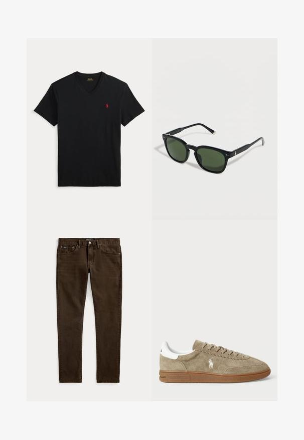 Must V-kaelusega lühikeste varrukatega T-särk, millel on vasakul rinnal väike punane Polo Ralph Laureni logo.; Kitsas tumepruunid teksad viie taskuga, nööp- ja lukukinnitusega, nähtavate Polo kaubamärgi siltidega vöökohal ja esimeses taskus.; Tammepunased sneakers, millel on valged aktsendid, ümmargune varvas ja nööridega disain. Omab rikka logot ja kummi tallat, mis tagavad hea haarde.; Mustad ristkülikukujulised päikeseprillid tumeroheliste läätsedega ja väikese Polo logoga prillisanga juures, asetatud valgele taustale.