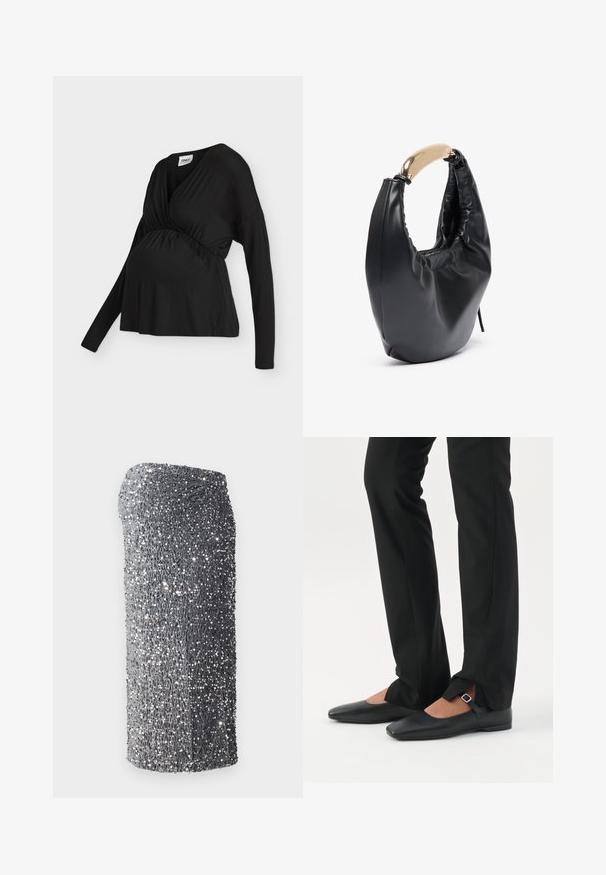 Haut de maternité noir à manches longues, col en V et tissu froncé sous la poitrine, présenté sur un fond blanc uni.; Robe à sequins argentés avec une coupe ajustée, texture lisse et un motif dégradé du gris foncé au gris clair, courte à l'ourlet.; Jambes vêtues d’un pantalon slim noir avec des fentes à l’avant de l’ourlet, assorties à des chaussures plates Mary Jane noires avec une petite bride à boucle.; Sac à main en simili cuir noir avec une silhouette courbée. Caractéristiques d'une poignée en métal doré brillant et d'une texture froncée le long de l'ouverture supérieure.