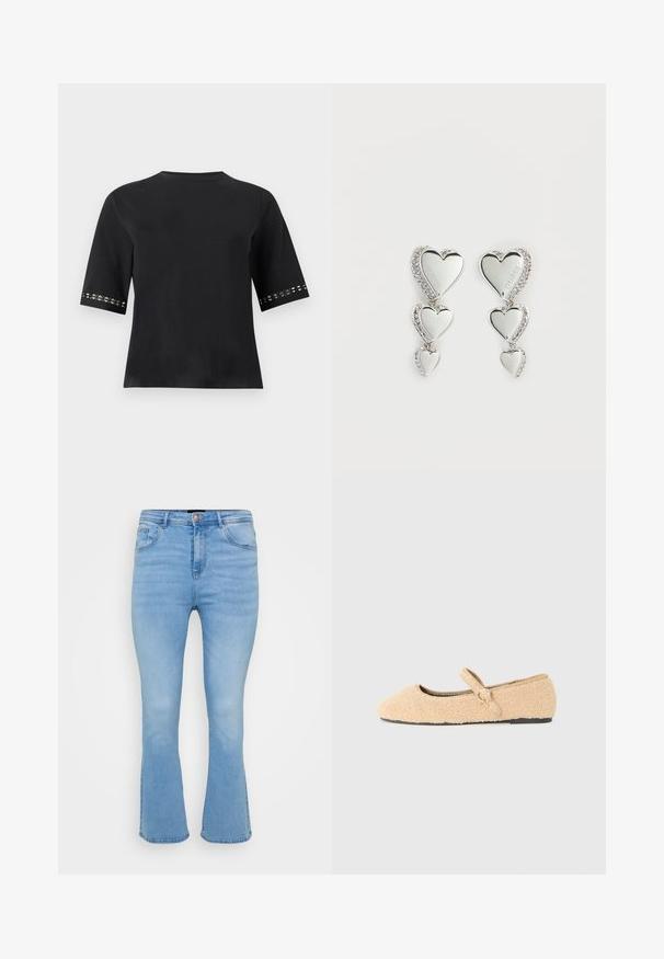 Sort kortærmet top med rund halsudskæring og dekorative udskæringer nær ærmekanterne, vist på en ensfarvet baggrund.; Lyseblå flagrende jeans i denim af bomuld. Features høj talje, fem lommer og synlige sømme langs sømme og kant.; Beige fnug Mary Jane flad sko med rund tå, justerbar rem med cirkelformet spænde og sort sål på hvid baggrund.; Sølv hjerteformede øreringe med tre hængende hjerter, prydet med glitrende rhinsten. Reflekterende overflade med indgraveret mærkenavn.